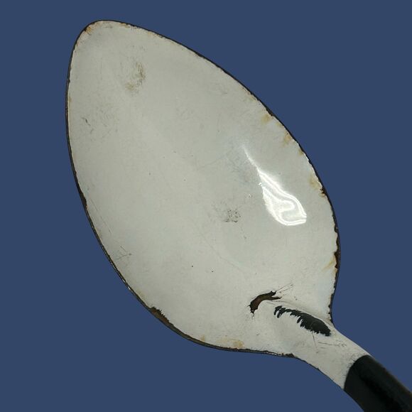 Vintage Metal Enamelware 12”Large Serving Spoon White With Black Handle - Picture 3 of 11